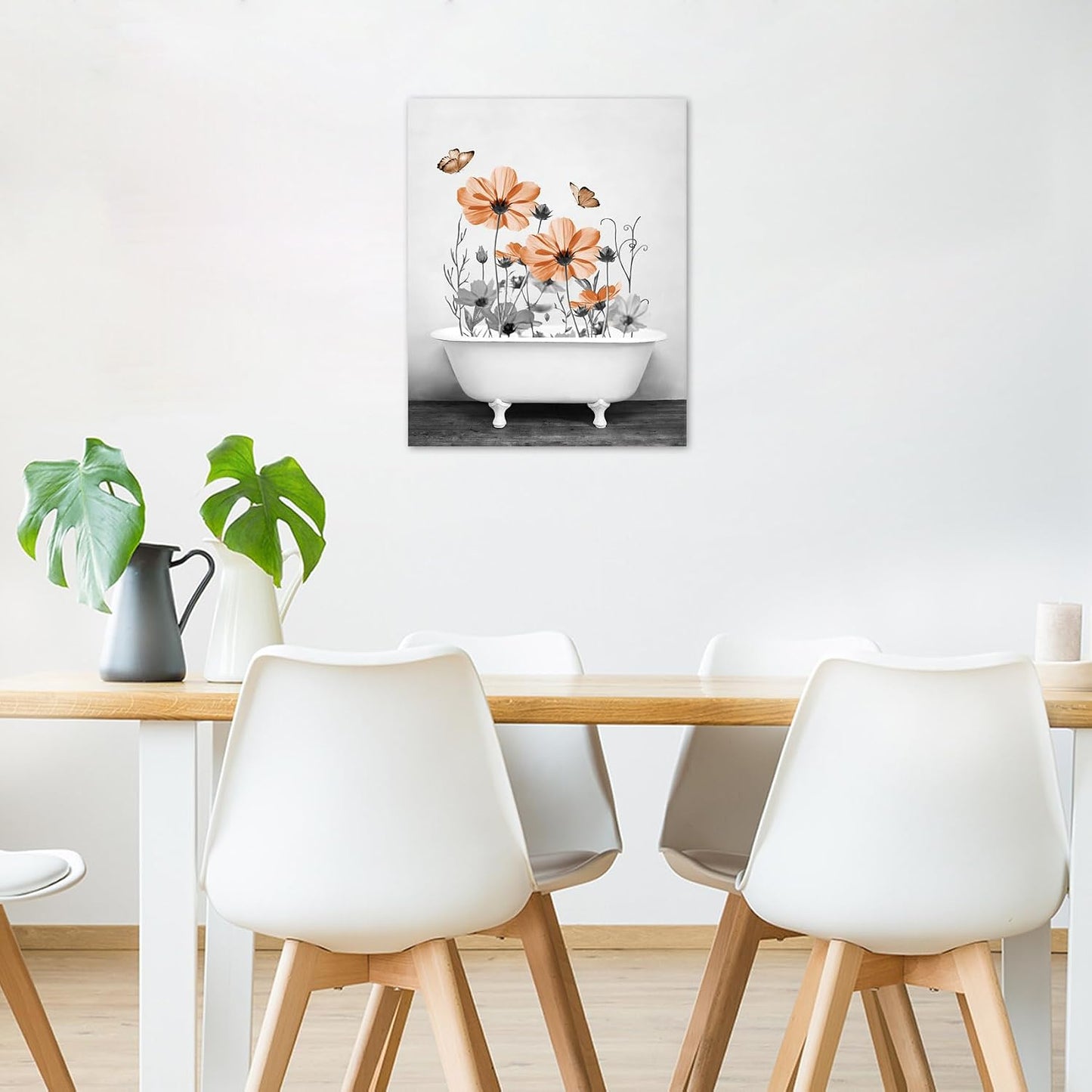 Yellow Floral Wall Art Yellow Gray Flower and Butterfly in Bathtub Canvas Wall Art Farmhouse Wall Decor for Living Room Bedroom Bathroom Office Home Framed Ready to Hang 16L x 12W Inch