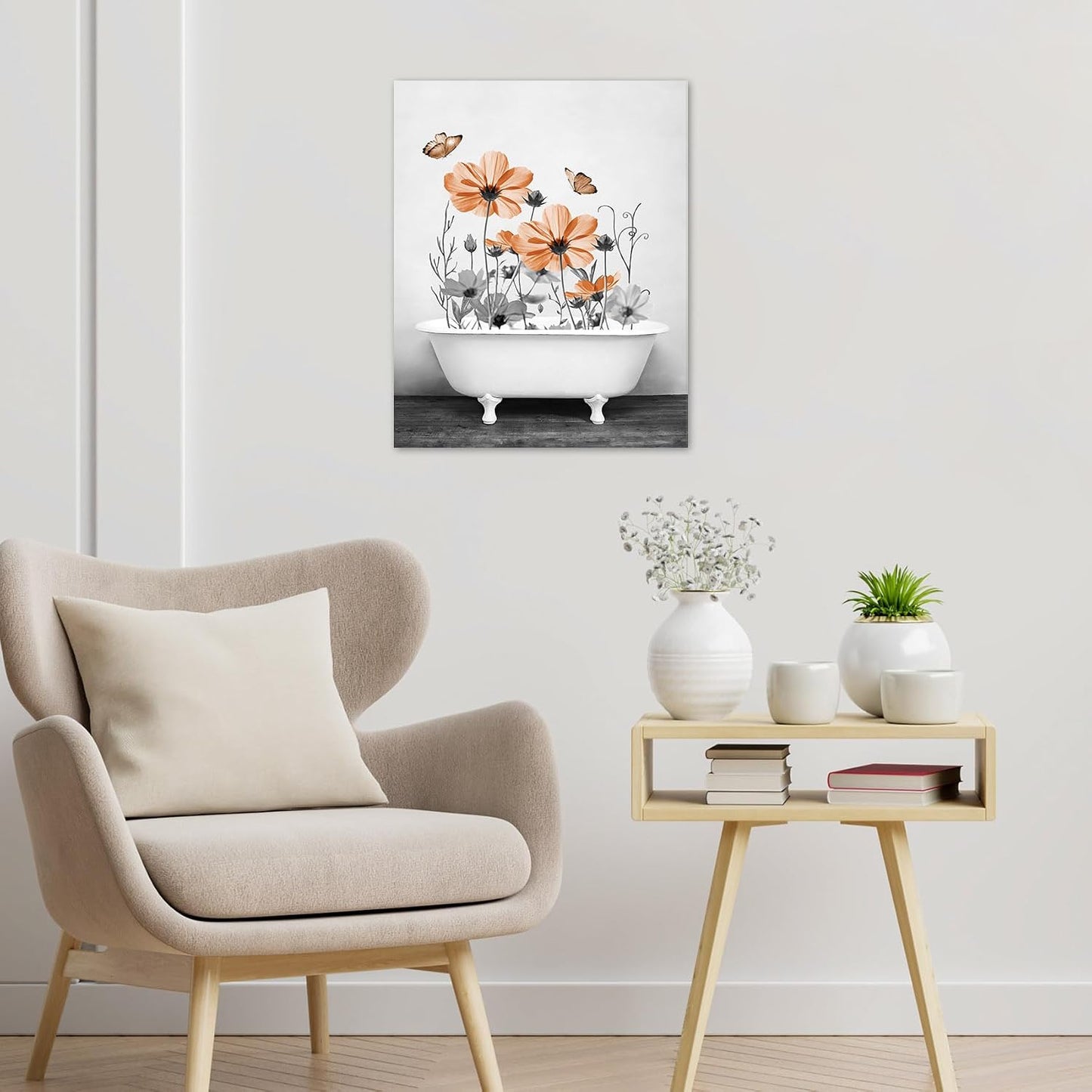 Yellow Floral Wall Art Yellow Gray Flower and Butterfly in Bathtub Canvas Wall Art Farmhouse Wall Decor for Living Room Bedroom Bathroom Office Home Framed Ready to Hang 16L x 12W Inch