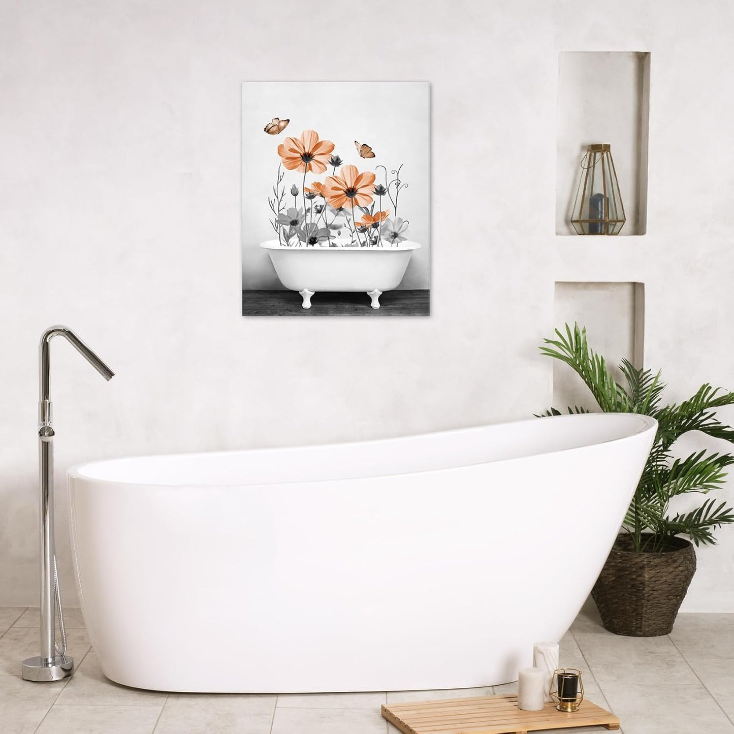 Yellow Floral Wall Art Yellow Gray Flower and Butterfly in Bathtub Canvas Wall Art Farmhouse Wall Decor for Living Room Bedroom Bathroom Office Home Framed Ready to Hang 16L x 12W Inch