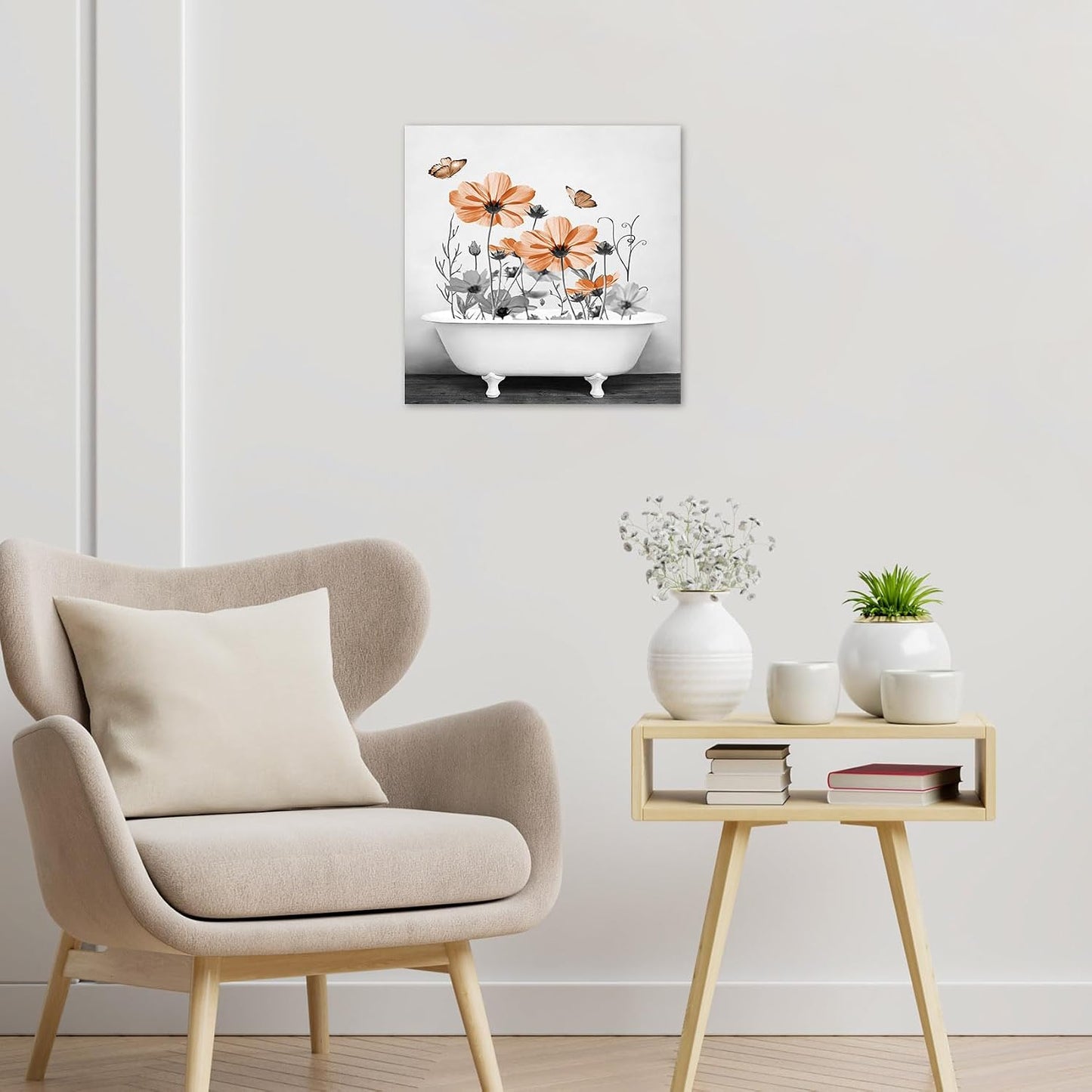 Yellow Floral Wall Art Yellow Gray Flower and Butterfly in Bathtub Canvas Wall Art Farmhouse Wall Decor for Living Room Bedroom Bathroom Office Home Framed Ready to Hang 16L x 12W Inch