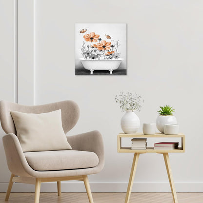 Yellow Floral Wall Art Yellow Gray Flower and Butterfly in Bathtub Canvas Wall Art Farmhouse Wall Decor for Living Room Bedroom Bathroom Office Home Framed Ready to Hang 16L x 12W Inch