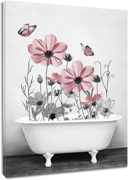 Yellow Floral Wall Art Yellow Gray Flower and Butterfly in Bathtub Canvas Wall Art Farmhouse Wall Decor for Living Room Bedroom Bathroom Office Home Framed Ready to Hang 16L x 12W Inch