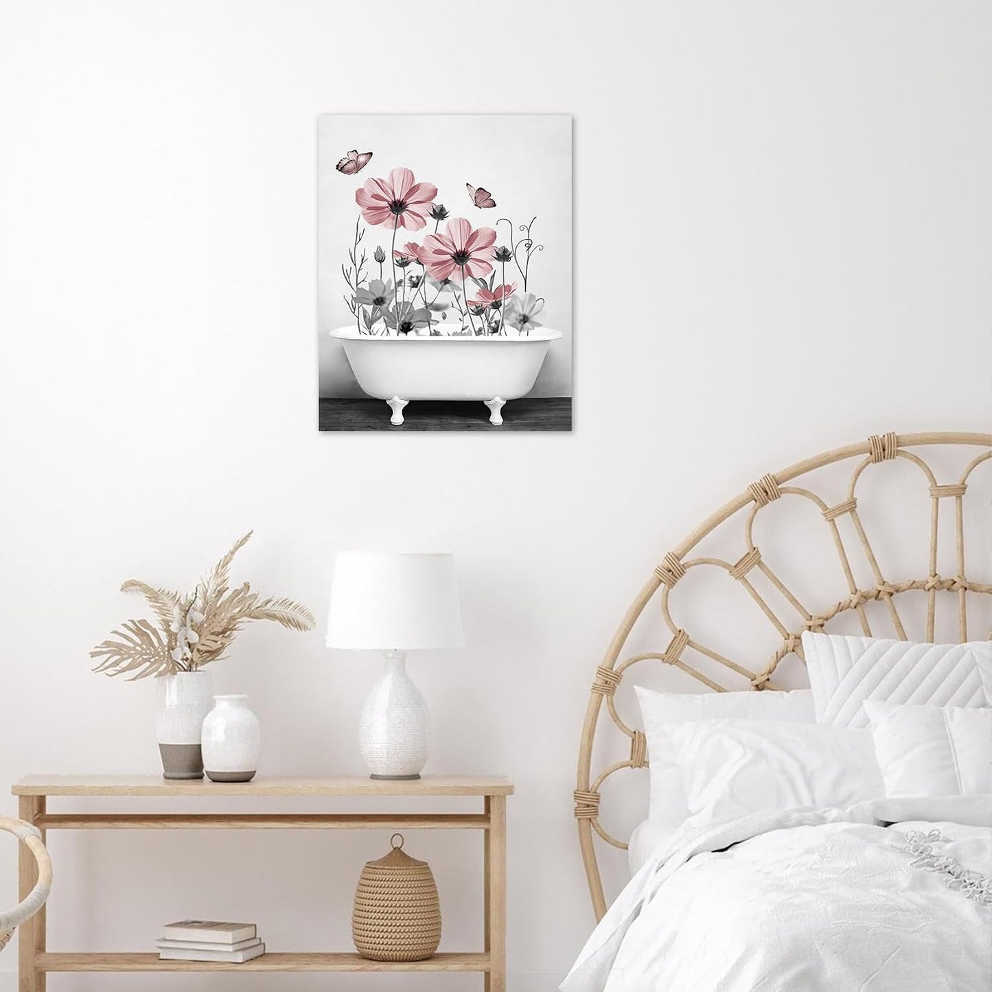 Yellow Floral Wall Art Yellow Gray Flower and Butterfly in Bathtub Canvas Wall Art Farmhouse Wall Decor for Living Room Bedroom Bathroom Office Home Framed Ready to Hang 16L x 12W Inch