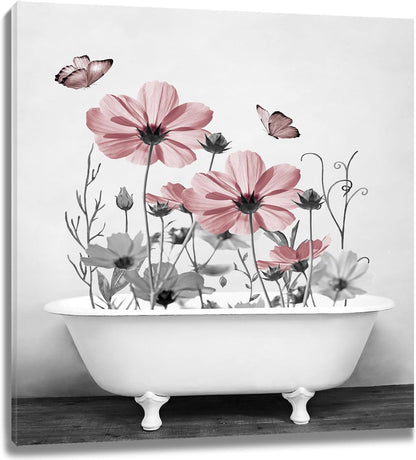 Yellow Floral Wall Art Yellow Gray Flower and Butterfly in Bathtub Canvas Wall Art Farmhouse Wall Decor for Living Room Bedroom Bathroom Office Home Framed Ready to Hang 16L x 12W Inch