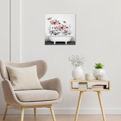 Yellow Floral Wall Art Yellow Gray Flower and Butterfly in Bathtub Canvas Wall Art Farmhouse Wall Decor for Living Room Bedroom Bathroom Office Home Framed Ready to Hang 16L x 12W Inch