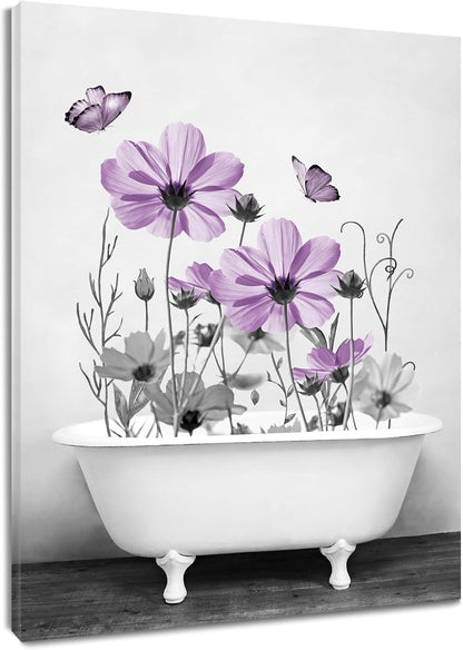 Yellow Floral Wall Art Yellow Gray Flower and Butterfly in Bathtub Canvas Wall Art Farmhouse Wall Decor for Living Room Bedroom Bathroom Office Home Framed Ready to Hang 16L x 12W Inch