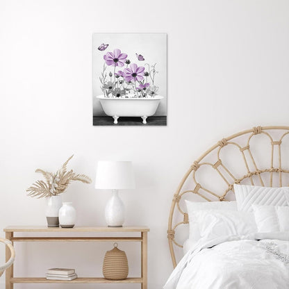 Yellow Floral Wall Art Yellow Gray Flower and Butterfly in Bathtub Canvas Wall Art Farmhouse Wall Decor for Living Room Bedroom Bathroom Office Home Framed Ready to Hang 16L x 12W Inch