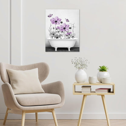 Yellow Floral Wall Art Yellow Gray Flower and Butterfly in Bathtub Canvas Wall Art Farmhouse Wall Decor for Living Room Bedroom Bathroom Office Home Framed Ready to Hang 16L x 12W Inch