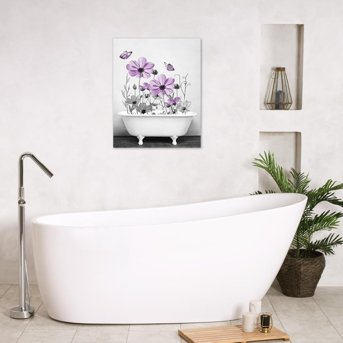 Yellow Floral Wall Art Yellow Gray Flower and Butterfly in Bathtub Canvas Wall Art Farmhouse Wall Decor for Living Room Bedroom Bathroom Office Home Framed Ready to Hang 16L x 12W Inch
