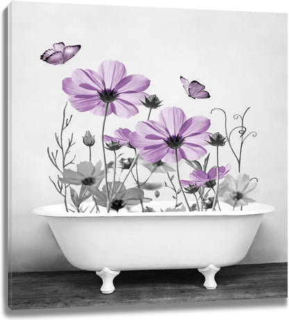Yellow Floral Wall Art Yellow Gray Flower and Butterfly in Bathtub Canvas Wall Art Farmhouse Wall Decor for Living Room Bedroom Bathroom Office Home Framed Ready to Hang 16L x 12W Inch