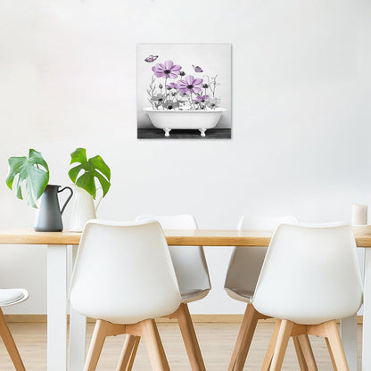 Yellow Floral Wall Art Yellow Gray Flower and Butterfly in Bathtub Canvas Wall Art Farmhouse Wall Decor for Living Room Bedroom Bathroom Office Home Framed Ready to Hang 16L x 12W Inch