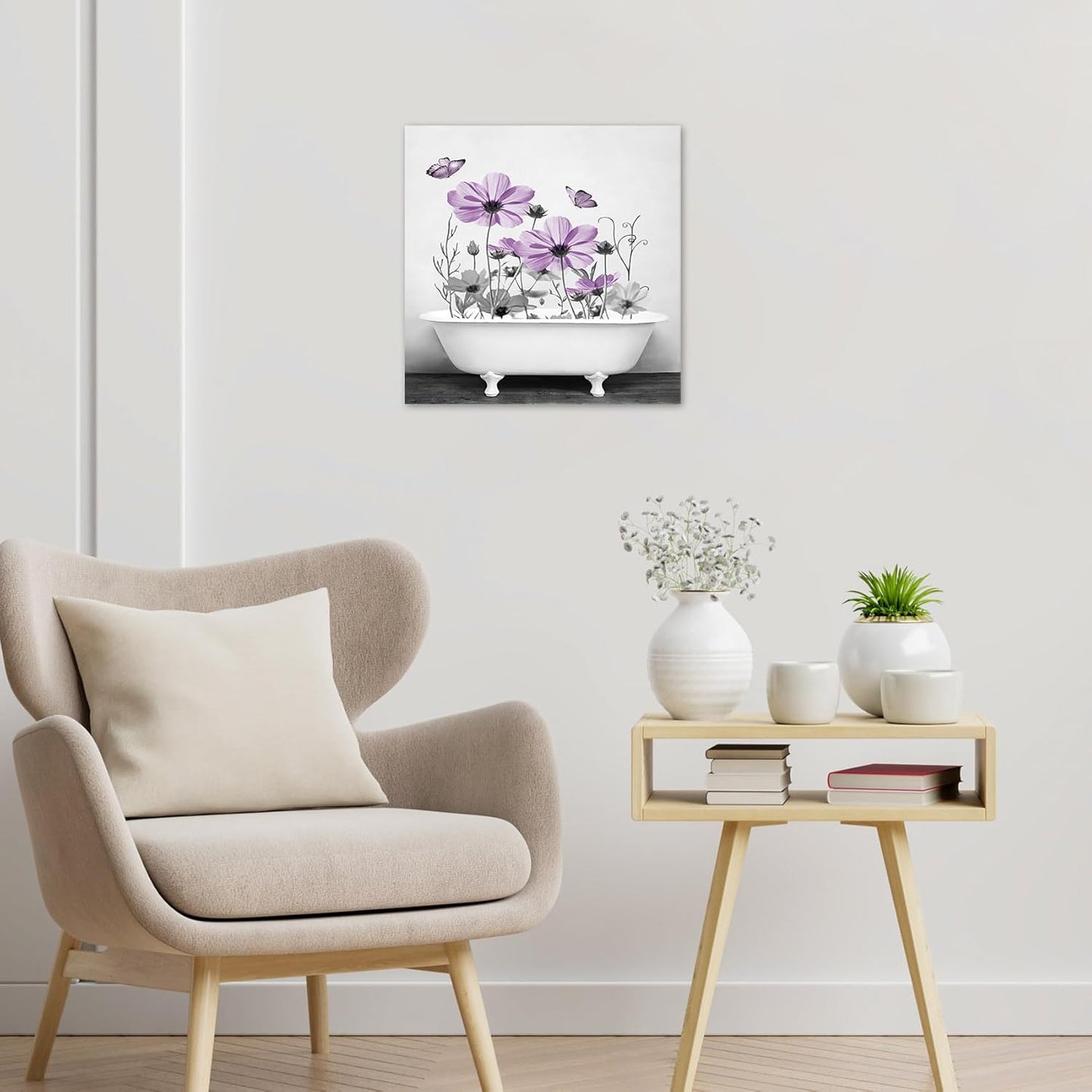 Yellow Floral Wall Art Yellow Gray Flower and Butterfly in Bathtub Canvas Wall Art Farmhouse Wall Decor for Living Room Bedroom Bathroom Office Home Framed Ready to Hang 16L x 12W Inch