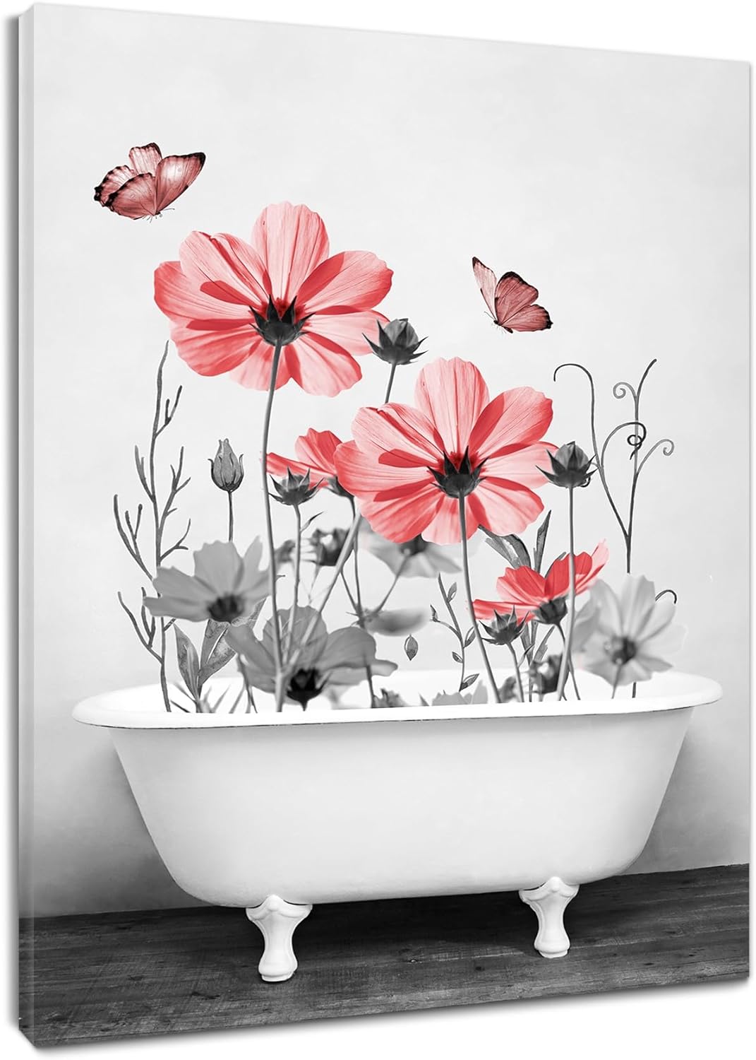 Yellow Floral Wall Art Yellow Gray Flower and Butterfly in Bathtub Canvas Wall Art Farmhouse Wall Decor for Living Room Bedroom Bathroom Office Home Framed Ready to Hang 16L x 12W Inch