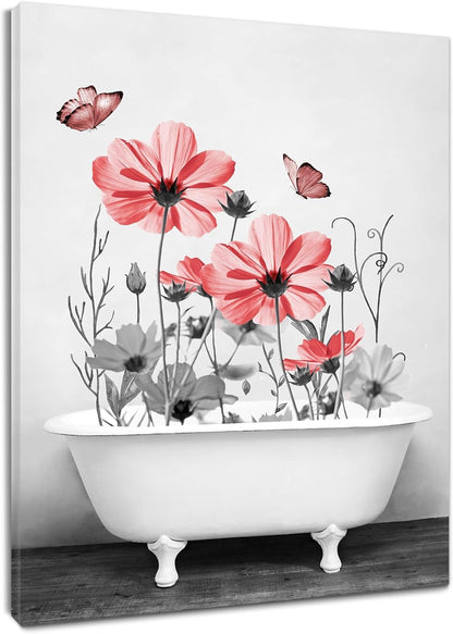 Yellow Floral Wall Art Yellow Gray Flower and Butterfly in Bathtub Canvas Wall Art Farmhouse Wall Decor for Living Room Bedroom Bathroom Office Home Framed Ready to Hang 16L x 12W Inch