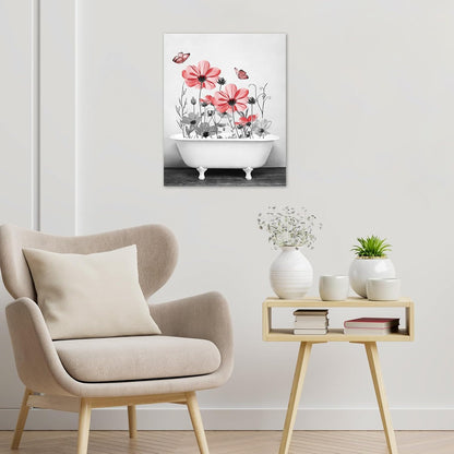 Yellow Floral Wall Art Yellow Gray Flower and Butterfly in Bathtub Canvas Wall Art Farmhouse Wall Decor for Living Room Bedroom Bathroom Office Home Framed Ready to Hang 16L x 12W Inch
