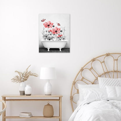 Yellow Floral Wall Art Yellow Gray Flower and Butterfly in Bathtub Canvas Wall Art Farmhouse Wall Decor for Living Room Bedroom Bathroom Office Home Framed Ready to Hang 16L x 12W Inch