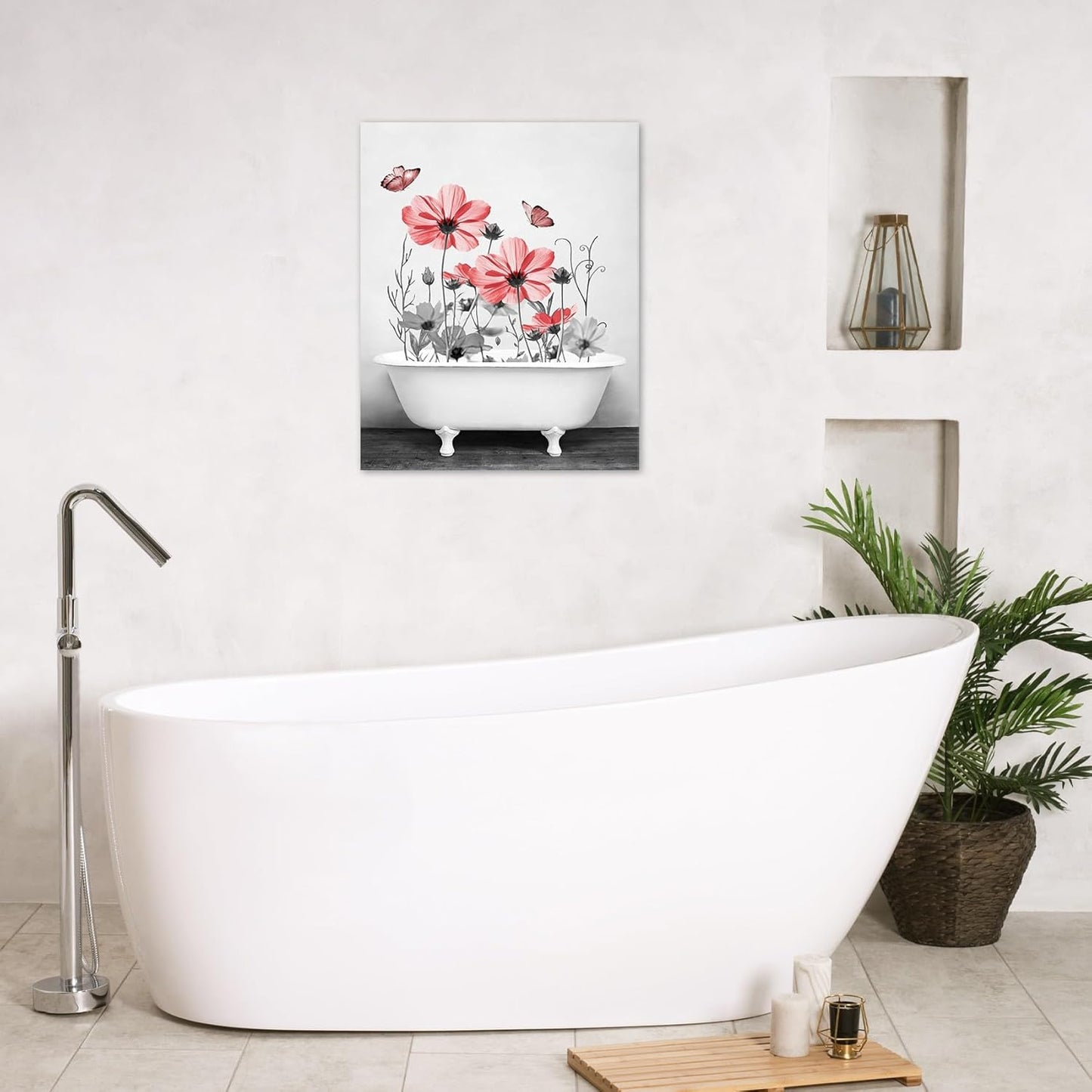 Yellow Floral Wall Art Yellow Gray Flower and Butterfly in Bathtub Canvas Wall Art Farmhouse Wall Decor for Living Room Bedroom Bathroom Office Home Framed Ready to Hang 16L x 12W Inch