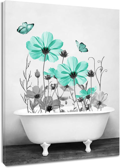 Yellow Floral Wall Art Yellow Gray Flower and Butterfly in Bathtub Canvas Wall Art Farmhouse Wall Decor for Living Room Bedroom Bathroom Office Home Framed Ready to Hang 16L x 12W Inch