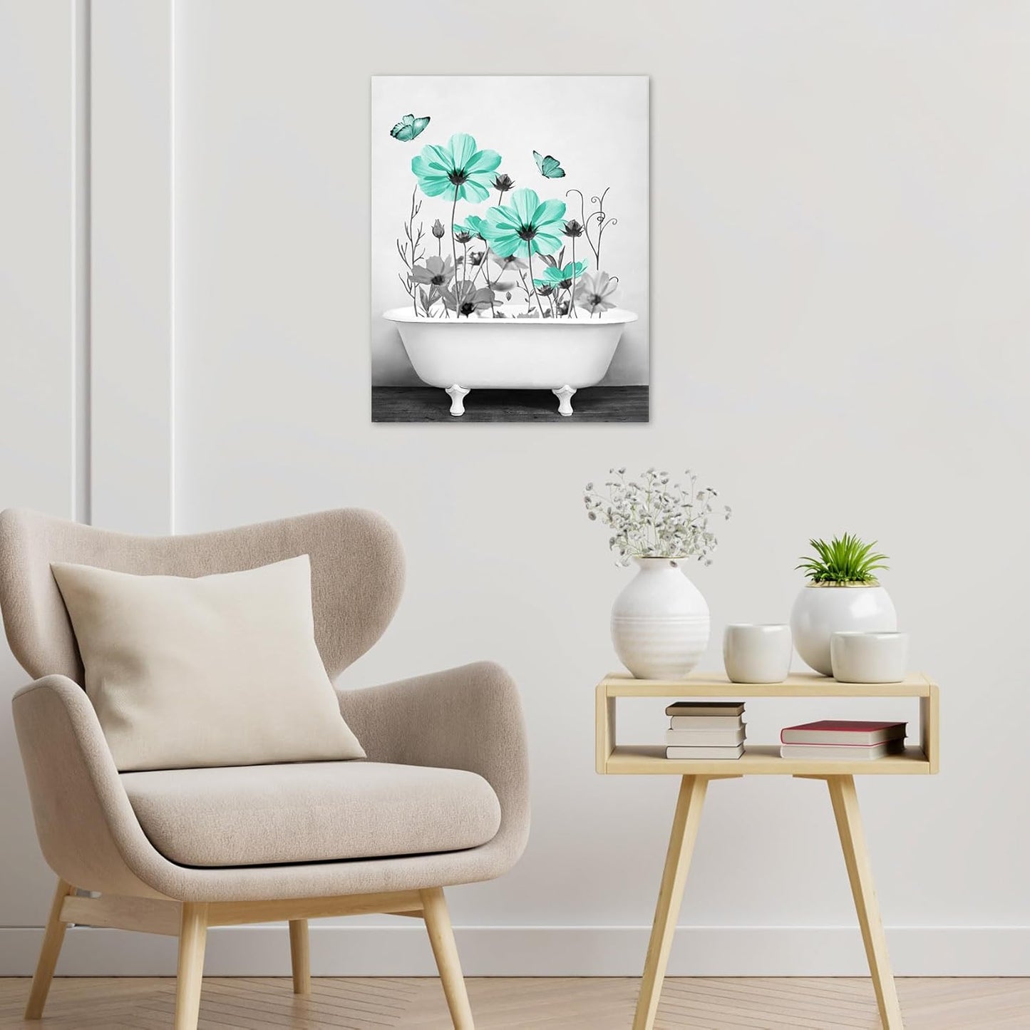 Yellow Floral Wall Art Yellow Gray Flower and Butterfly in Bathtub Canvas Wall Art Farmhouse Wall Decor for Living Room Bedroom Bathroom Office Home Framed Ready to Hang 16L x 12W Inch