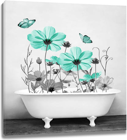 Yellow Floral Wall Art Yellow Gray Flower and Butterfly in Bathtub Canvas Wall Art Farmhouse Wall Decor for Living Room Bedroom Bathroom Office Home Framed Ready to Hang 16L x 12W Inch