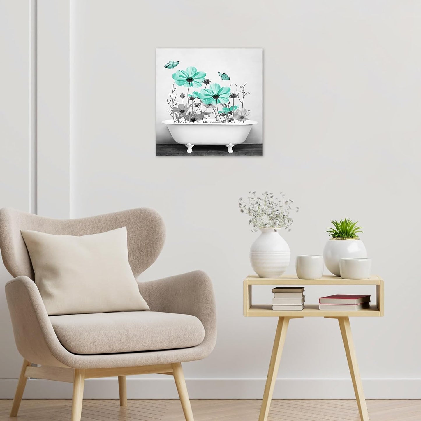 Yellow Floral Wall Art Yellow Gray Flower and Butterfly in Bathtub Canvas Wall Art Farmhouse Wall Decor for Living Room Bedroom Bathroom Office Home Framed Ready to Hang 16L x 12W Inch