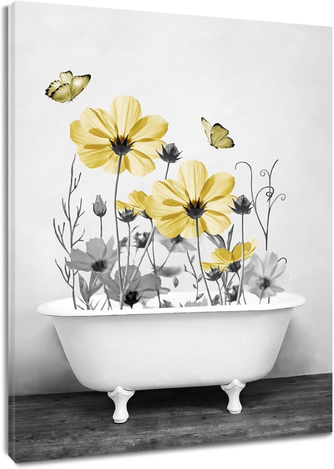 Yellow Floral Wall Art Yellow Gray Flower and Butterfly in Bathtub Canvas Wall Art Farmhouse Wall Decor for Living Room Bedroom Bathroom Office Home Framed Ready to Hang 16L x 12W Inch