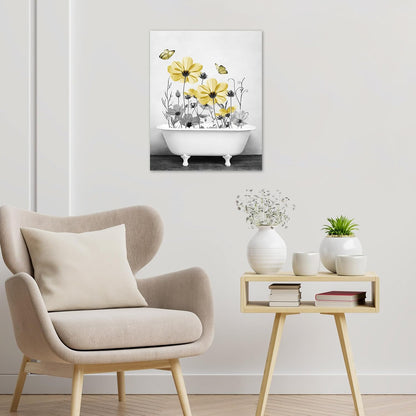 Yellow Floral Wall Art Yellow Gray Flower and Butterfly in Bathtub Canvas Wall Art Farmhouse Wall Decor for Living Room Bedroom Bathroom Office Home Framed Ready to Hang 16L x 12W Inch