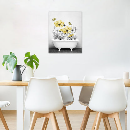 Yellow Floral Wall Art Yellow Gray Flower and Butterfly in Bathtub Canvas Wall Art Farmhouse Wall Decor for Living Room Bedroom Bathroom Office Home Framed Ready to Hang 16L x 12W Inch