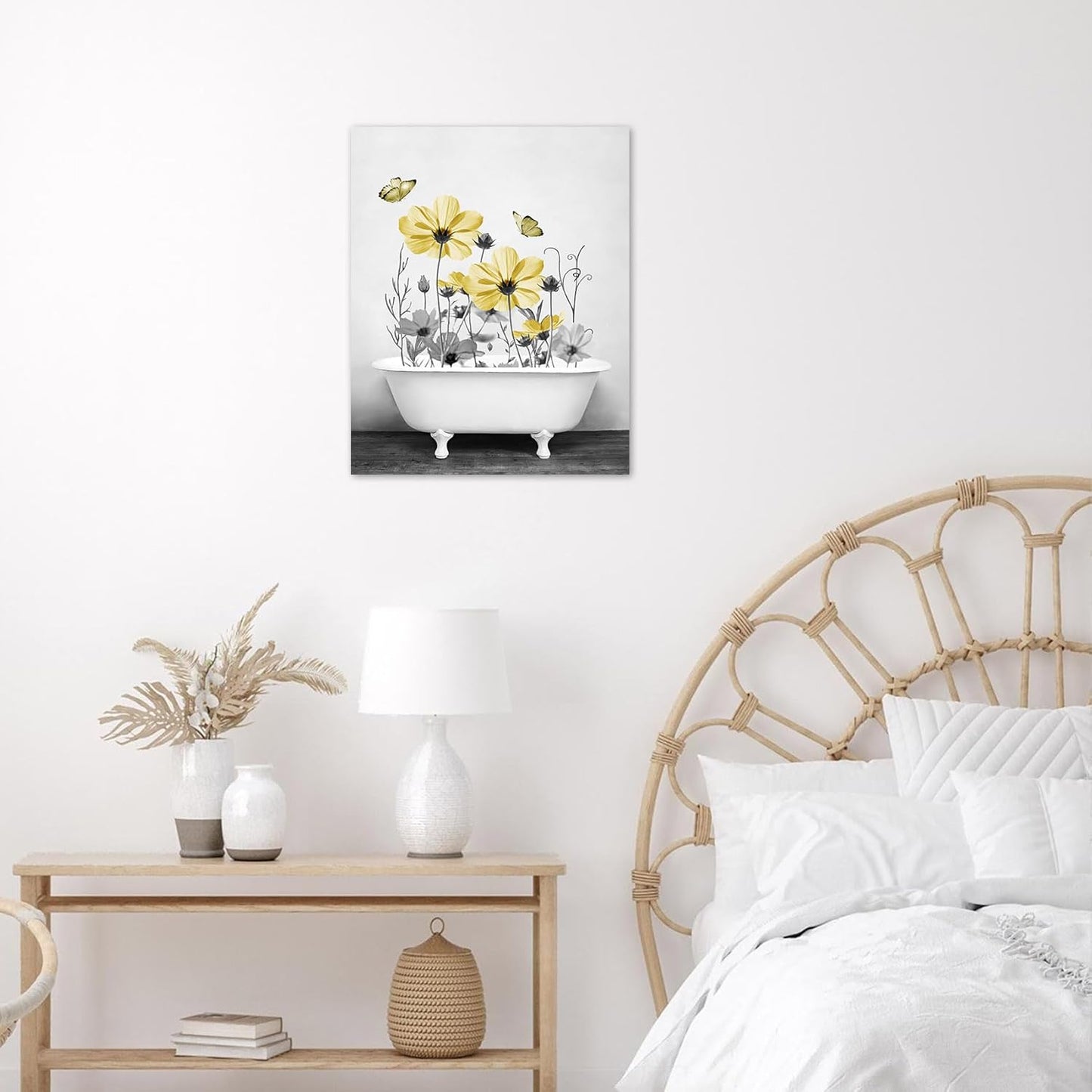 Yellow Floral Wall Art Yellow Gray Flower and Butterfly in Bathtub Canvas Wall Art Farmhouse Wall Decor for Living Room Bedroom Bathroom Office Home Framed Ready to Hang 16L x 12W Inch