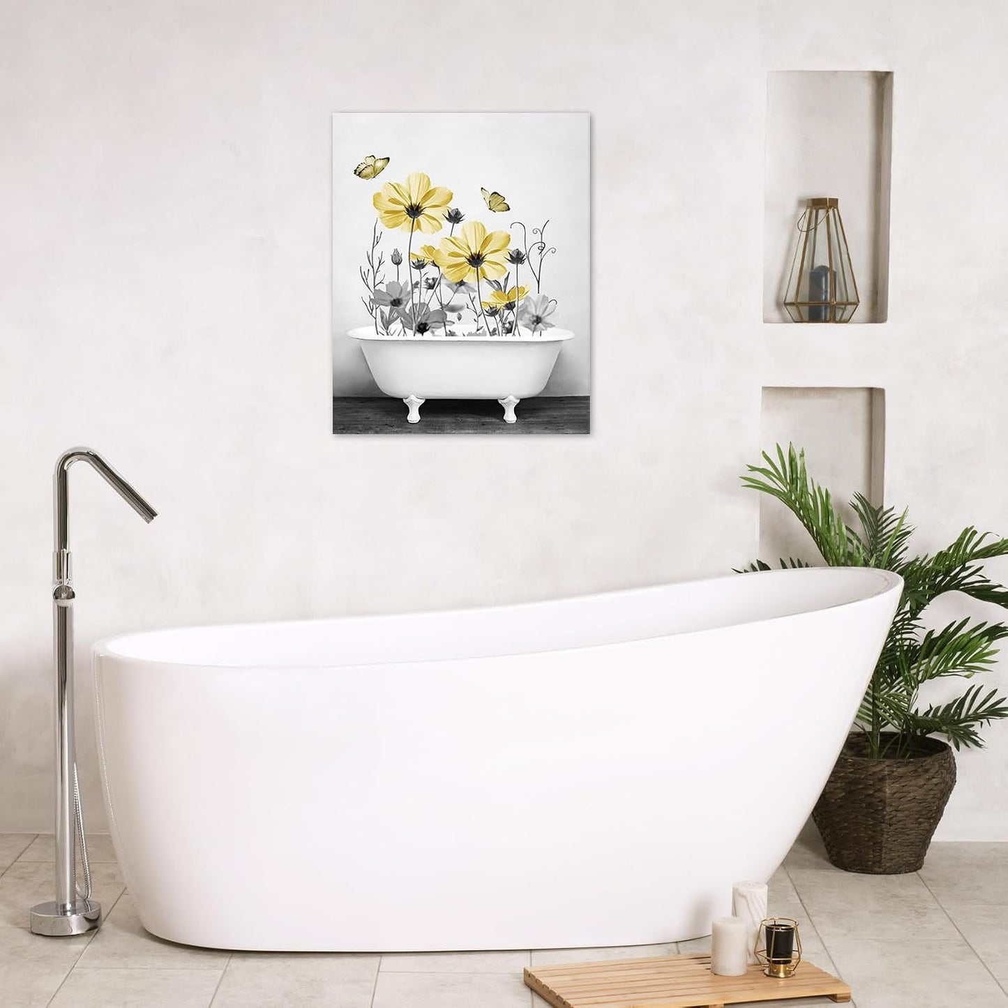 Yellow Floral Wall Art Yellow Gray Flower and Butterfly in Bathtub Canvas Wall Art Farmhouse Wall Decor for Living Room Bedroom Bathroom Office Home Framed Ready to Hang 16L x 12W Inch