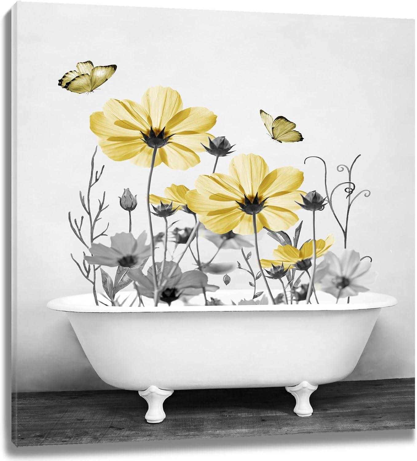 Yellow Floral Wall Art Yellow Gray Flower and Butterfly in Bathtub Canvas Wall Art Farmhouse Wall Decor for Living Room Bedroom Bathroom Office Home Framed Ready to Hang 16L x 12W Inch