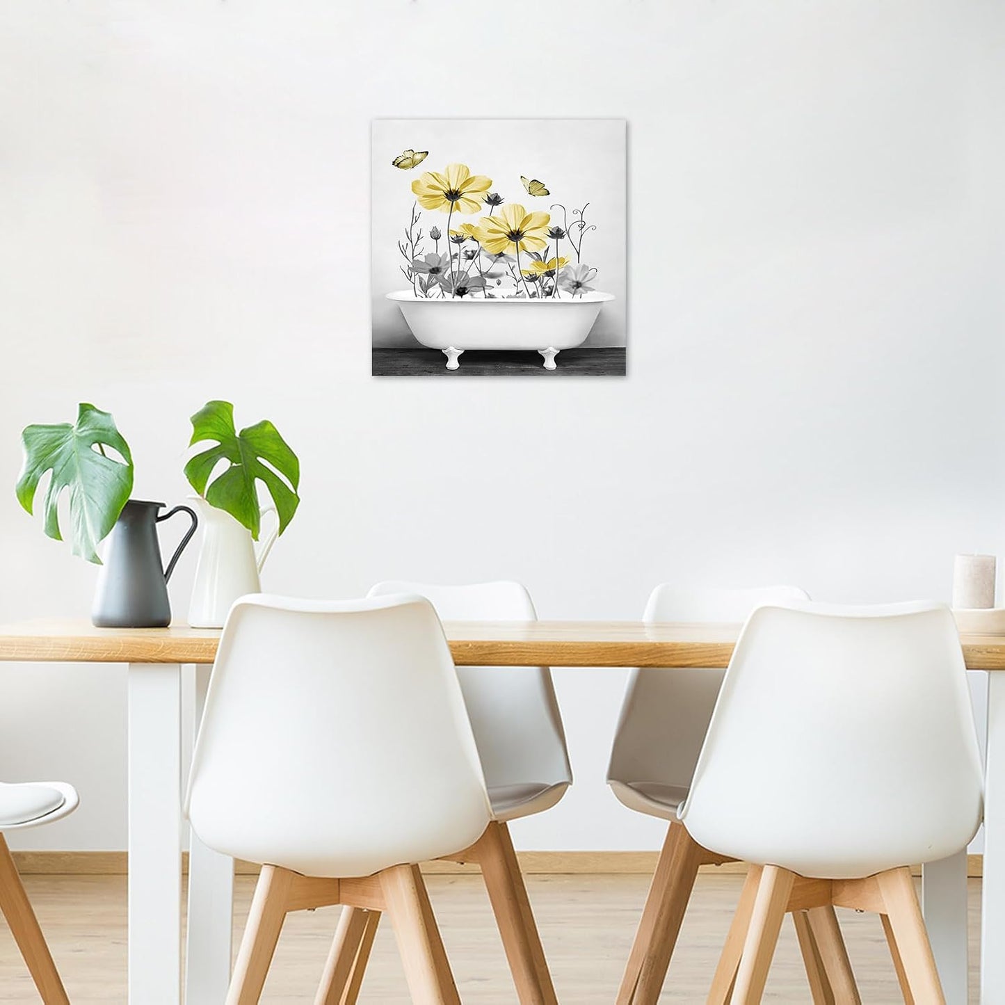 Yellow Floral Wall Art Yellow Gray Flower and Butterfly in Bathtub Canvas Wall Art Farmhouse Wall Decor for Living Room Bedroom Bathroom Office Home Framed Ready to Hang 16L x 12W Inch
