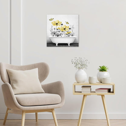Yellow Floral Wall Art Yellow Gray Flower and Butterfly in Bathtub Canvas Wall Art Farmhouse Wall Decor for Living Room Bedroom Bathroom Office Home Framed Ready to Hang 16L x 12W Inch