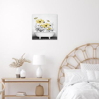 Yellow Floral Wall Art Yellow Gray Flower and Butterfly in Bathtub Canvas Wall Art Farmhouse Wall Decor for Living Room Bedroom Bathroom Office Home Framed Ready to Hang 16L x 12W Inch