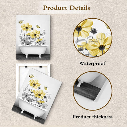 Yellow Floral Wall Art Yellow Gray Flower and Butterfly in Bathtub Canvas Wall Art Farmhouse Wall Decor for Living Room Bedroom Bathroom Office Home Framed Ready to Hang 16L x 12W Inch