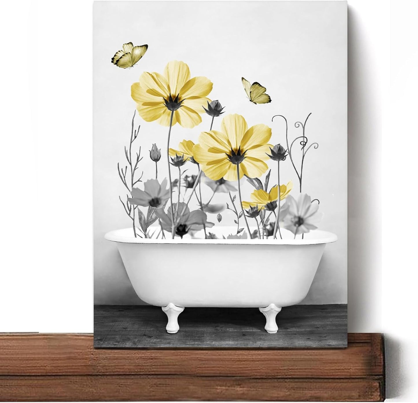 Yellow Floral Wall Art Yellow Gray Flower and Butterfly in Bathtub Canvas Wall Art Farmhouse Wall Decor for Living Room Bedroom Bathroom Office Home Framed Ready to Hang 16L x 12W Inch