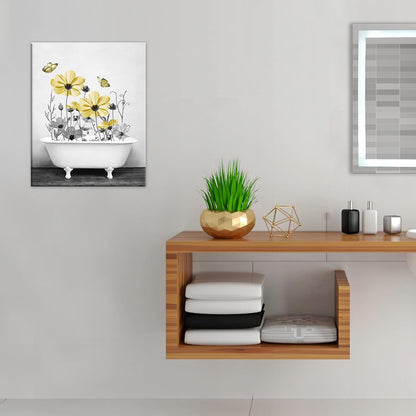 Yellow Floral Wall Art Yellow Gray Flower and Butterfly in Bathtub Canvas Wall Art Farmhouse Wall Decor for Living Room Bedroom Bathroom Office Home Framed Ready to Hang 16L x 12W Inch