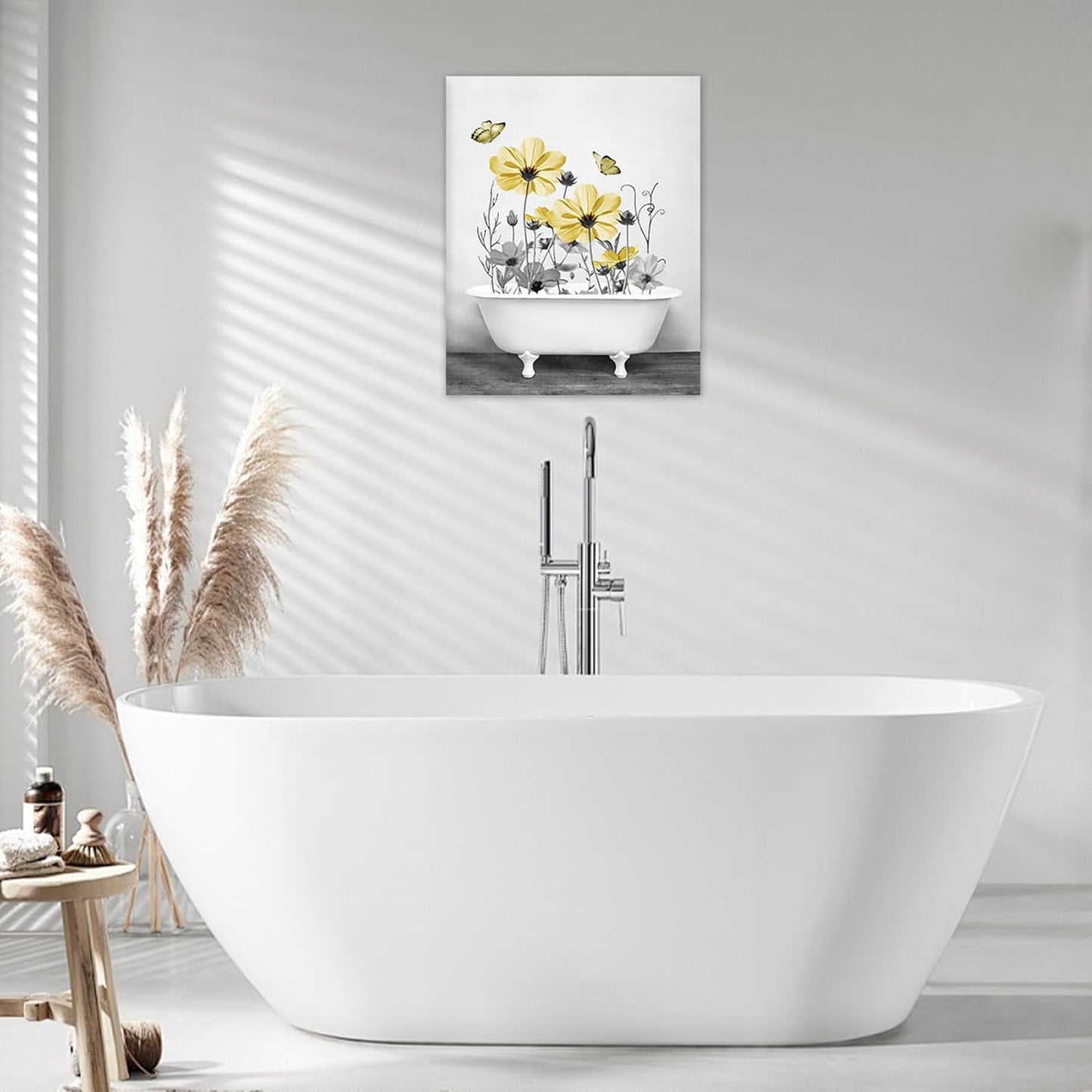Yellow Floral Wall Art Yellow Gray Flower and Butterfly in Bathtub Canvas Wall Art Farmhouse Wall Decor for Living Room Bedroom Bathroom Office Home Framed Ready to Hang 16L x 12W Inch