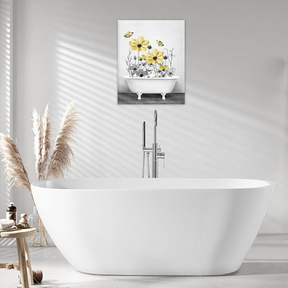 Yellow Floral Wall Art Yellow Gray Flower and Butterfly in Bathtub Canvas Wall Art Farmhouse Wall Decor for Living Room Bedroom Bathroom Office Home Framed Ready to Hang 16L x 12W Inch