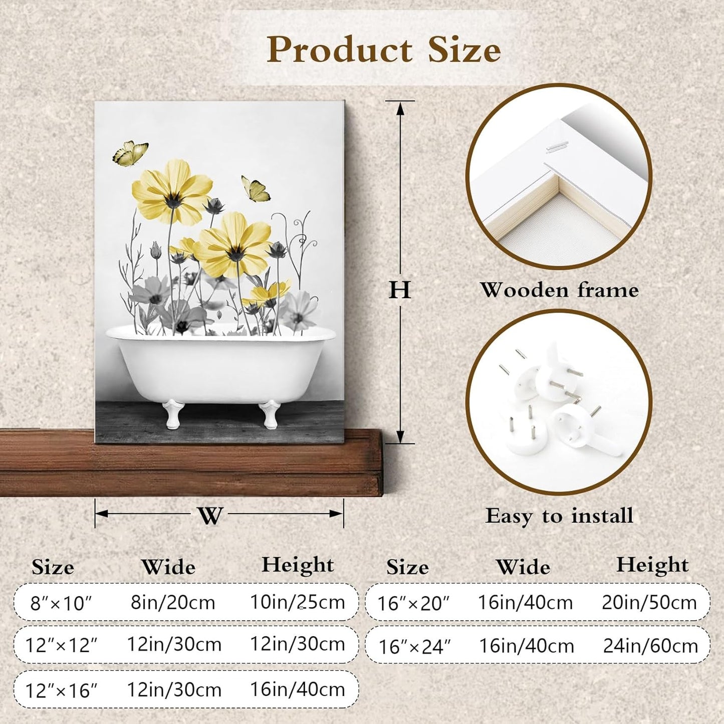 Yellow Floral Wall Art Yellow Gray Flower and Butterfly in Bathtub Canvas Wall Art Farmhouse Wall Decor for Living Room Bedroom Bathroom Office Home Framed Ready to Hang 16L x 12W Inch