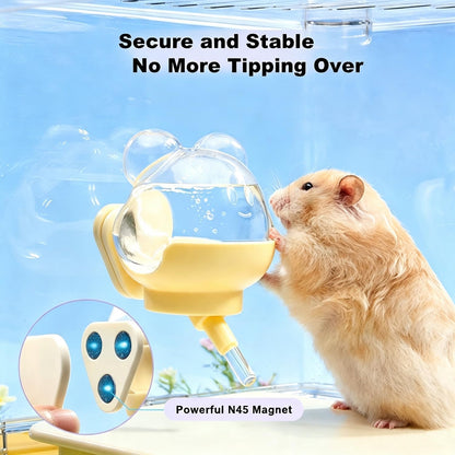 Hamster Water Bottle, 8 oz Small Animal Water Dispenser, Yellow | Magnetic Holder, No Drip, Flexible Placement, For Glass Tank, Ideal for Syrian and Dwarf Hamsters