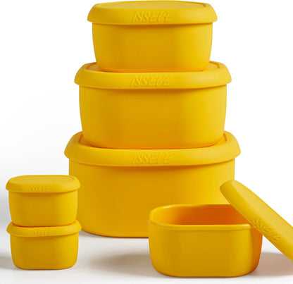 6Pcs/Set Nesting Silicone Food Storage Containers with Lids, BPA Free Reusable Meal Prep Silicone Containers Lunch Box Bento Box Set (33.8oz, 20oz, 10oz, 6.7oz, 1.3oz) (Yellow)