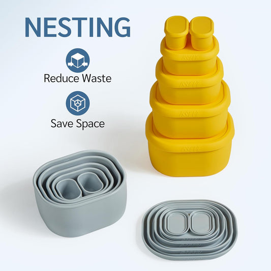 6Pcs/Set Nesting Silicone Food Storage Containers with Lids, BPA Free Reusable Meal Prep Silicone Containers Lunch Box Bento Box Set (33.8oz, 20oz, 10oz, 6.7oz, 1.3oz) (Yellow)