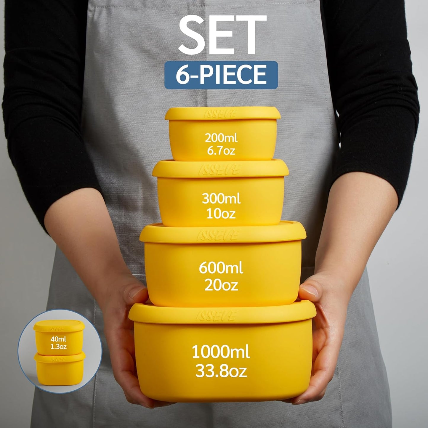 6Pcs/Set Nesting Silicone Food Storage Containers with Lids, BPA Free Reusable Meal Prep Silicone Containers Lunch Box Bento Box Set (33.8oz, 20oz, 10oz, 6.7oz, 1.3oz) (Yellow)