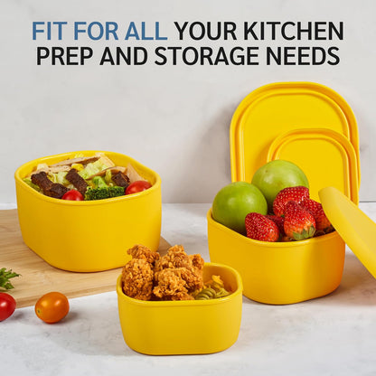 6Pcs/Set Nesting Silicone Food Storage Containers with Lids, BPA Free Reusable Meal Prep Silicone Containers Lunch Box Bento Box Set (33.8oz, 20oz, 10oz, 6.7oz, 1.3oz) (Yellow)