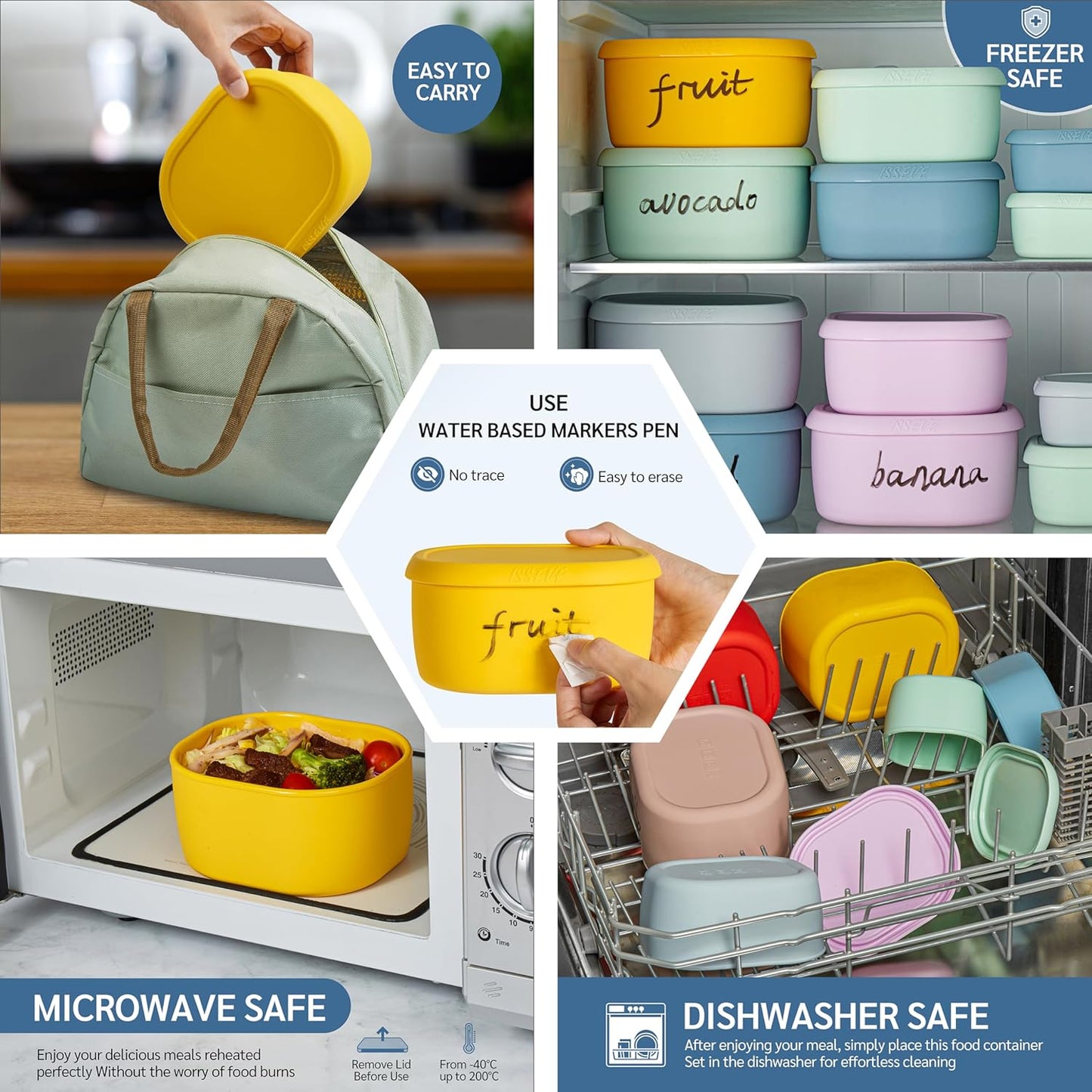 6Pcs/Set Nesting Silicone Food Storage Containers with Lids, BPA Free Reusable Meal Prep Silicone Containers Lunch Box Bento Box Set (33.8oz, 20oz, 10oz, 6.7oz, 1.3oz) (Yellow)