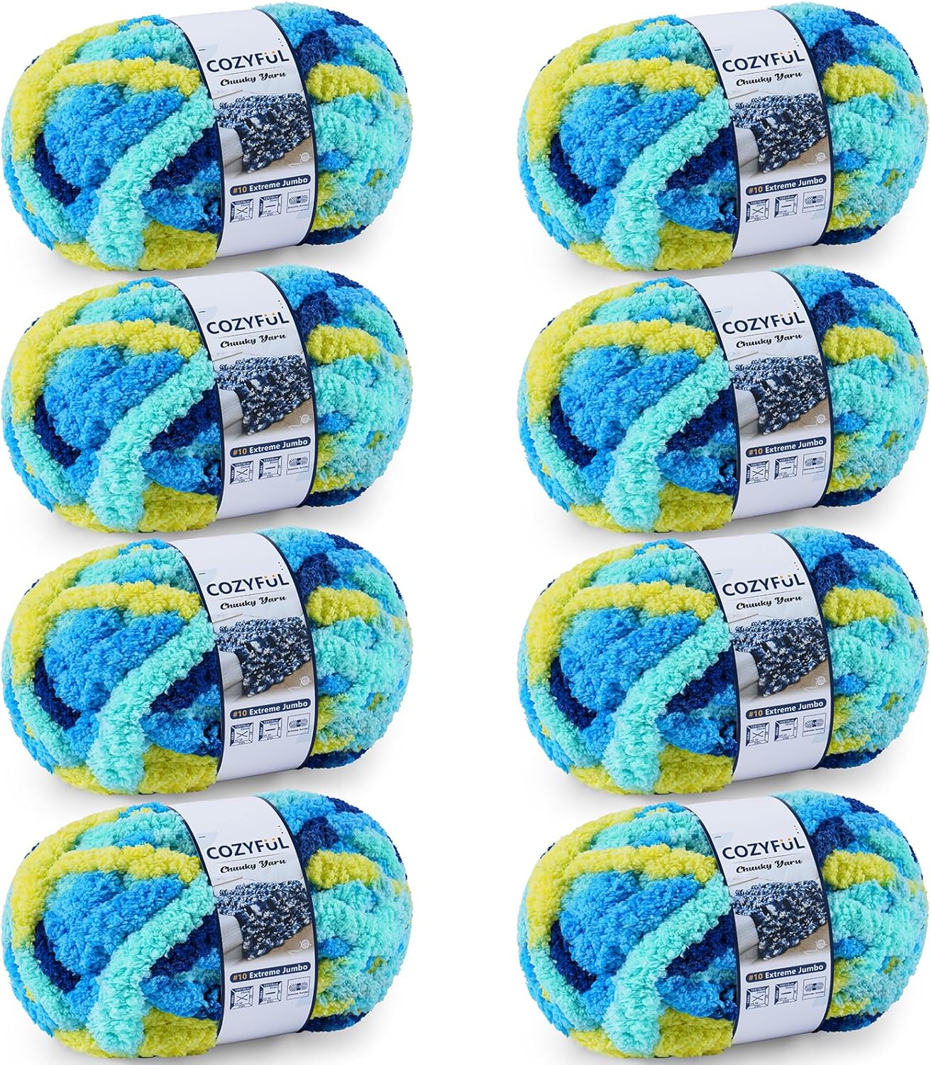 Chunky Yarn for Hand Knitting - #10 Chunky Chenille Blanket Yarn, Jumbo Big Thick Chunky Yarns for Crocheting, Tie Dye Bulky Knit Yarns, 8 Skein (20 yds 8 oz Each Skein), Multi Blue & Yellow