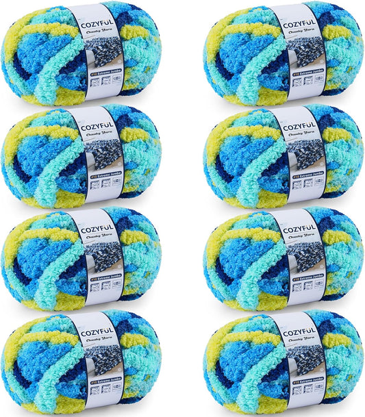 Chunky Yarn for Hand Knitting - #10 Chunky Chenille Blanket Yarn, Jumbo Big Thick Chunky Yarns for Crocheting, Tie Dye Bulky Knit Yarns, 8 Skein (20 yds 8 oz Each Skein), Multi Blue & Yellow