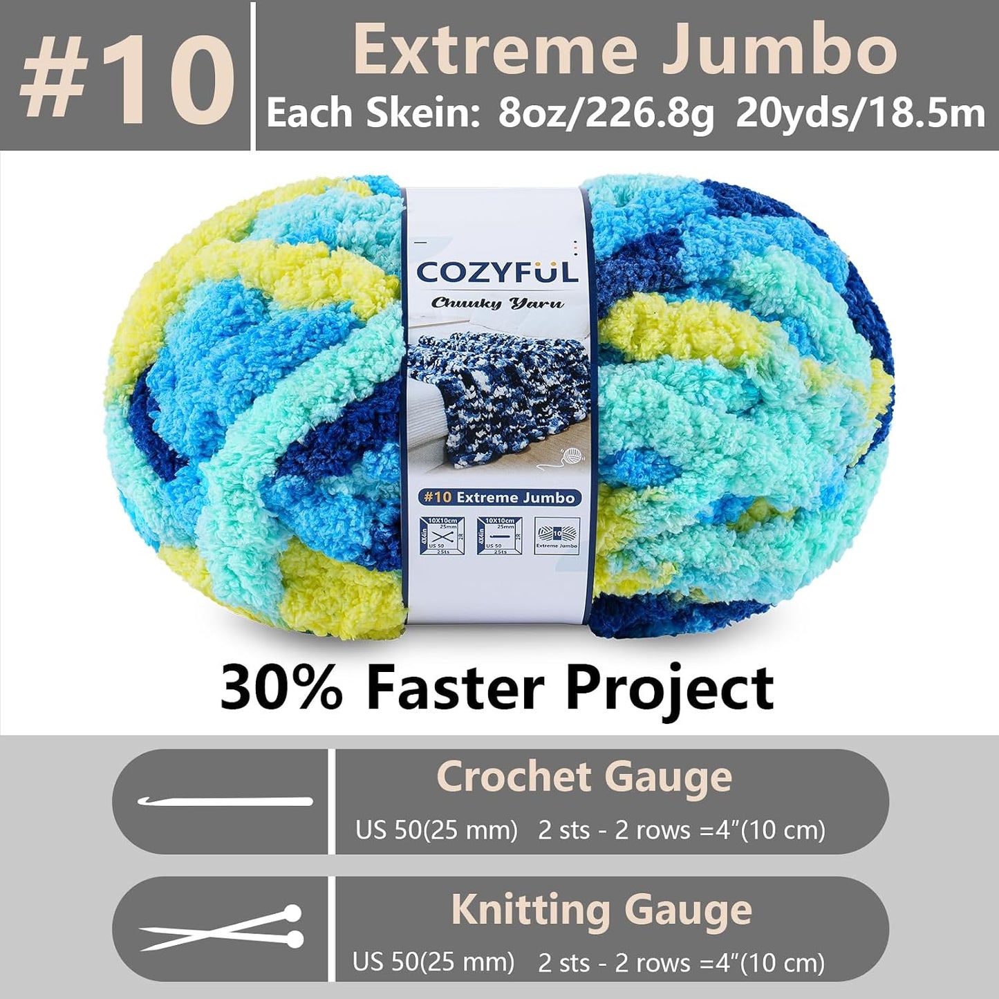 Chunky Yarn for Hand Knitting - #10 Chunky Chenille Blanket Yarn, Jumbo Big Thick Chunky Yarns for Crocheting, Tie Dye Bulky Knit Yarns, 8 Skein (20 yds 8 oz Each Skein), Multi Blue & Yellow