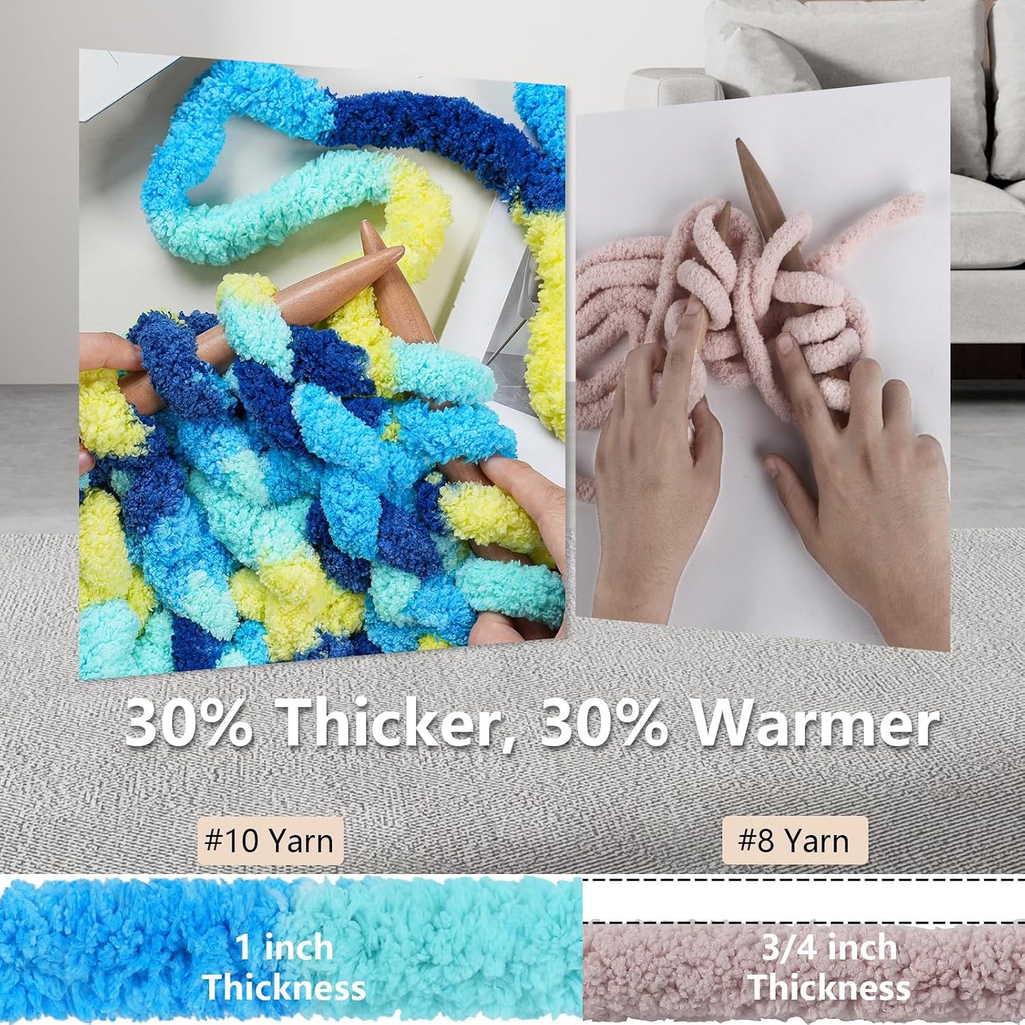 Chunky Yarn for Hand Knitting - #10 Chunky Chenille Blanket Yarn, Jumbo Big Thick Chunky Yarns for Crocheting, Tie Dye Bulky Knit Yarns, 8 Skein (20 yds 8 oz Each Skein), Multi Blue & Yellow
